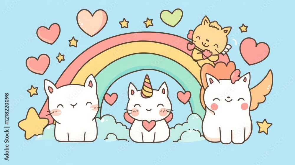 Obraz premium 27.A kawaii-inspired collection of outlined illustrations including a unicorn with a heart-shaped mane, a happy cupid holding a bow, cats entwined with hearts, and a bold rainbow arch.