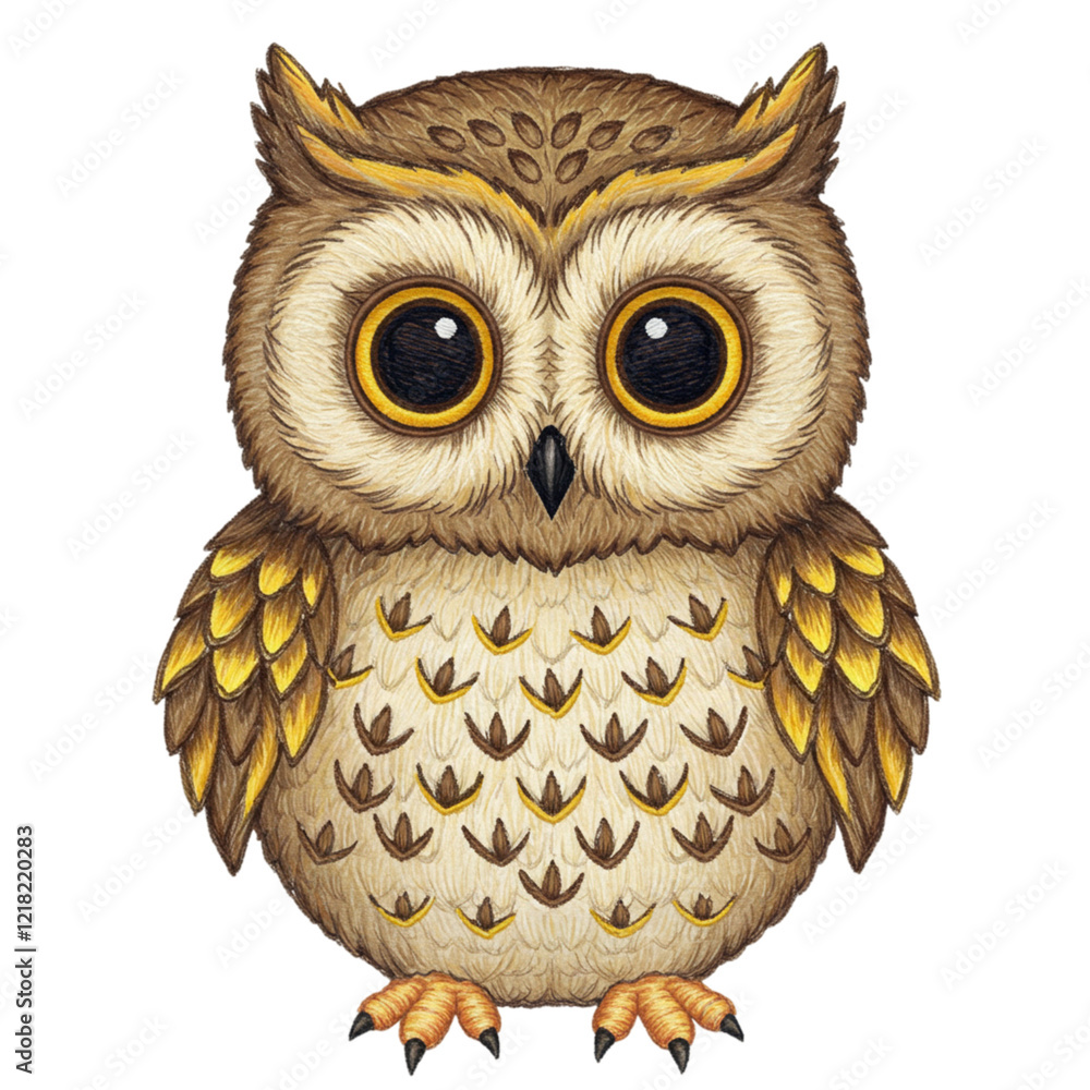 Naklejka premium Adorable Baby Owl Illustration Brown Gold Feathers Cute Bird Wildlife Animal art eyes beak night 