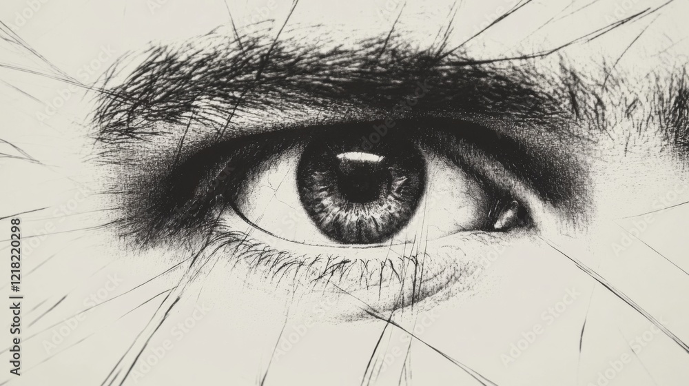 Obraz premium Close-up grayscale image of a human eye with radiating lines.