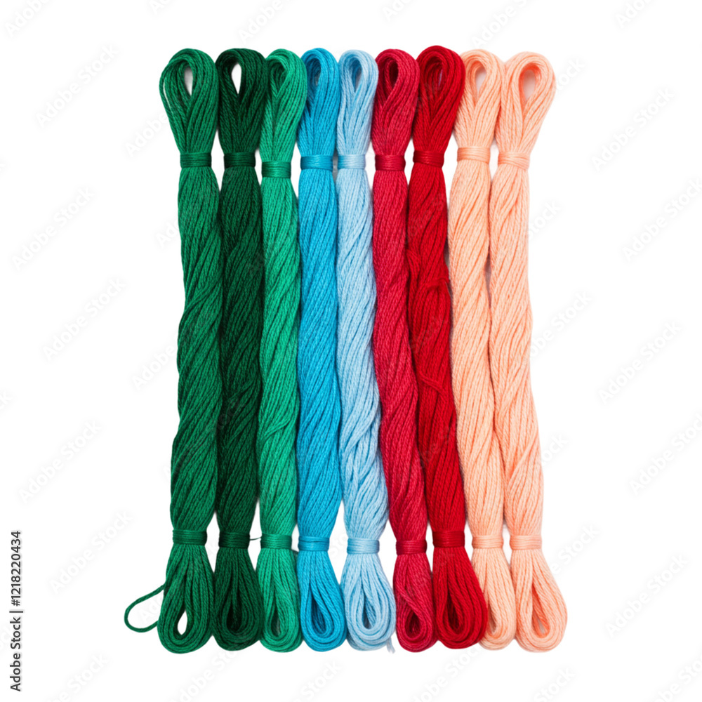 Fototapeta premium Vibrant Colorful Embroidery Threads Cotton Yarn Rainbow Green Red Blue Craft DIY Art Fiber Hobby 