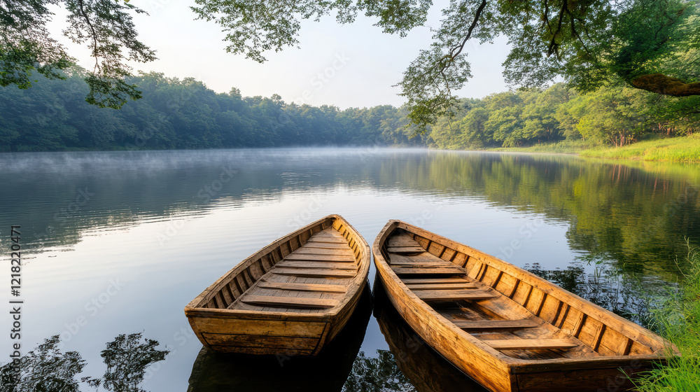 Misty riverbank with old wooden boats reflecting in calm water Misty riverbank with old wooden boats reflecting in calm water
