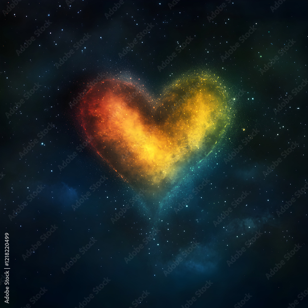 A glowing rainbow heart in the center of a dark starry sky A glowing rainbow heart in the center of a dark starry sky
