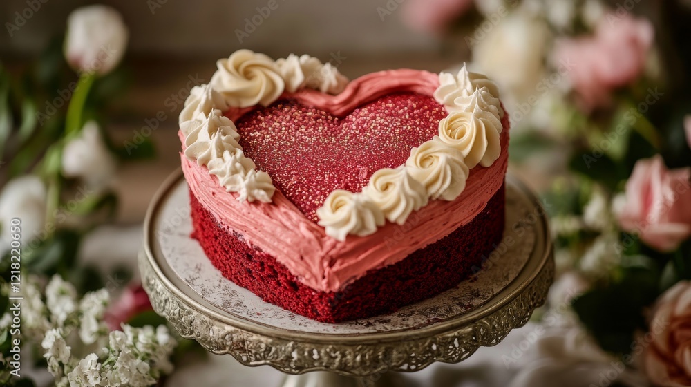 93.A detailed view of a heart-shaped red velvet cake, garnished with delicate swirls of frosting and edible glitter, placed on a vintage cake stand surrounded by soft floral accents. 93.A detailed view of a heart-shaped red velvet cake, garnished with delicate swirls of frosting and edible glitter, placed on a vintage cake stand surrounded by soft floral accents.