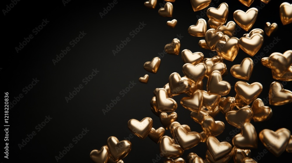 9.A dynamic visual of shimmering gold hearts falling gracefully through the air, creating a cascading effect on a pitch-black canvas, with soft gradients adding depth. 9.A dynamic visual of shimmering gold hearts falling gracefully through the air, creating a cascading effect on a pitch-black canvas, with soft gradients adding depth.