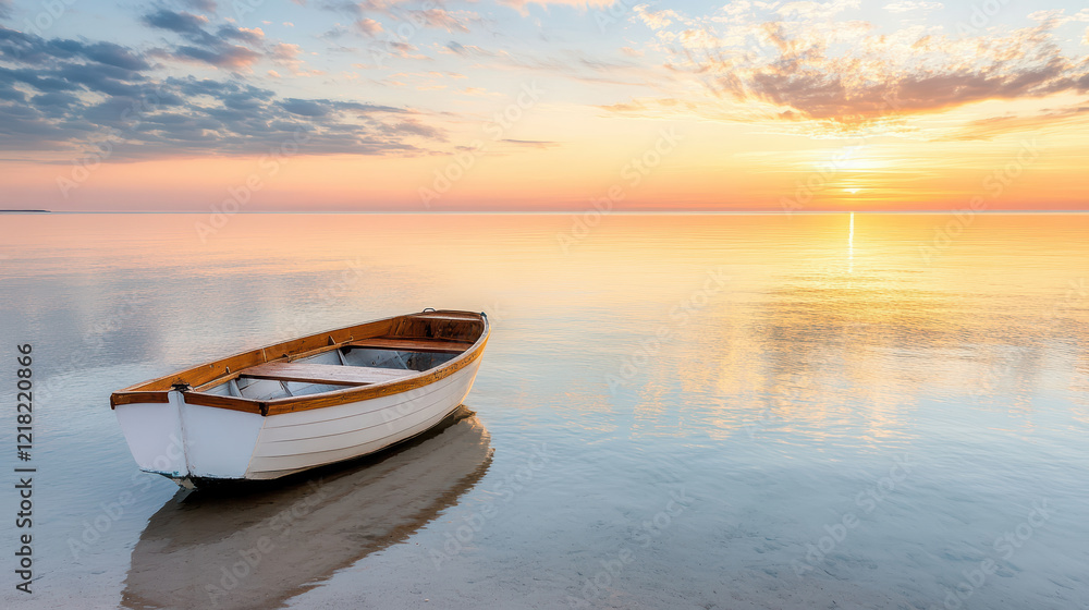 peaceful ocean scene with small fishing boat at sunset peaceful ocean scene with small fishing boat at sunset
