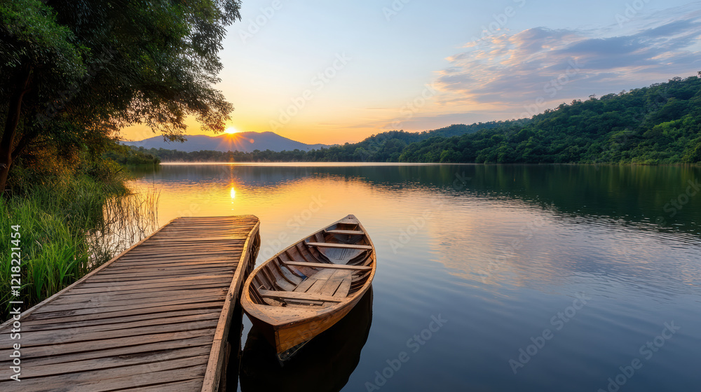 serene lake at sunset with wooden boat and dock reflecting nature beauty serene lake at sunset with wooden boat and dock reflecting nature beauty