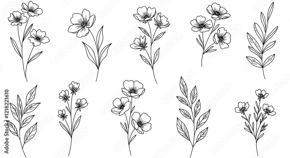 Minimalist line art of flowers and leaves in black and white, perfect for modern designs Minimalist line art of flowers and leaves in black and white, perfect for modern designs