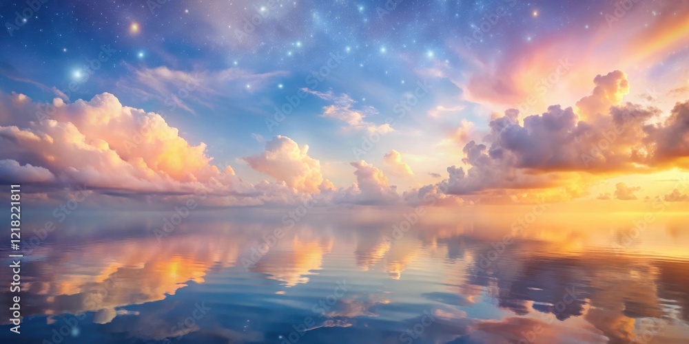 Fototapeta premium Serene Sunset Reflection A Breathtaking Panorama of Colorful Clouds Mirrored on a Calm Ocean Under a Starry Sky