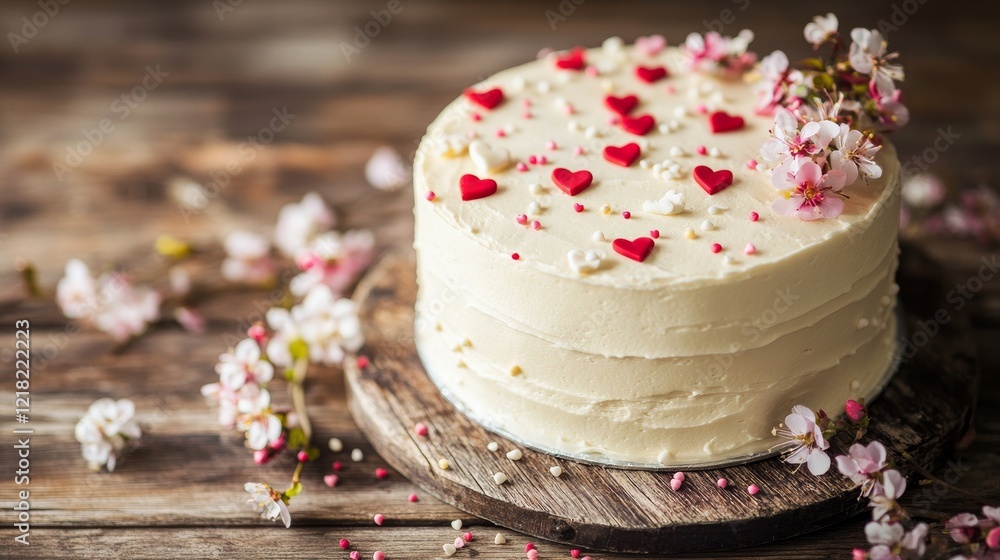 47.A lovingly crafted Valentine's cake featuring a minimalist design with white frosting, heart sprinkles, and a few delicate blossoms on a vintage wooden table. 47.A lovingly crafted Valentine's cake featuring a minimalist design with white frosting, heart sprinkles, and a few delicate blossoms on a vintage wooden table.