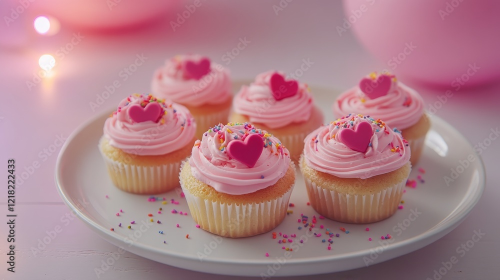 60.A minimal yet festive composition with heart-inside cupcakes, pink frosting swirls, and colorful sprinkles, arranged on a white ceramic plate with soft lighting. 60.A minimal yet festive composition with heart-inside cupcakes, pink frosting swirls, and colorful sprinkles, arranged on a white ceramic plate with soft lighting.