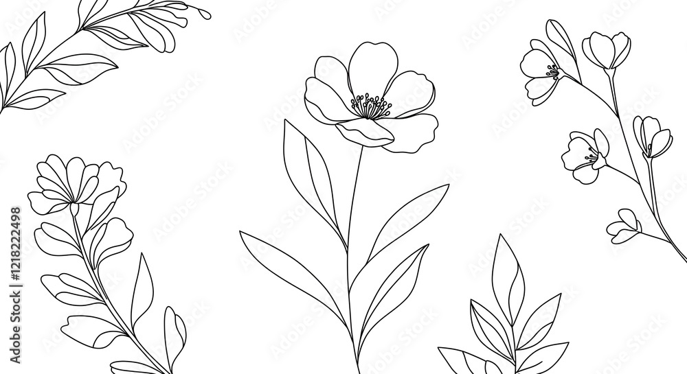Minimalist line art of flowers and leaves in black and white, perfect for modern designs Minimalist line art of flowers and leaves in black and white, perfect for modern designs