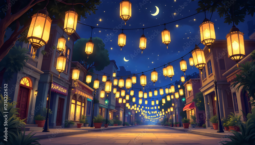 Obraz premium Festive Ramadan Night Street Scene Illuminated By Lanterns