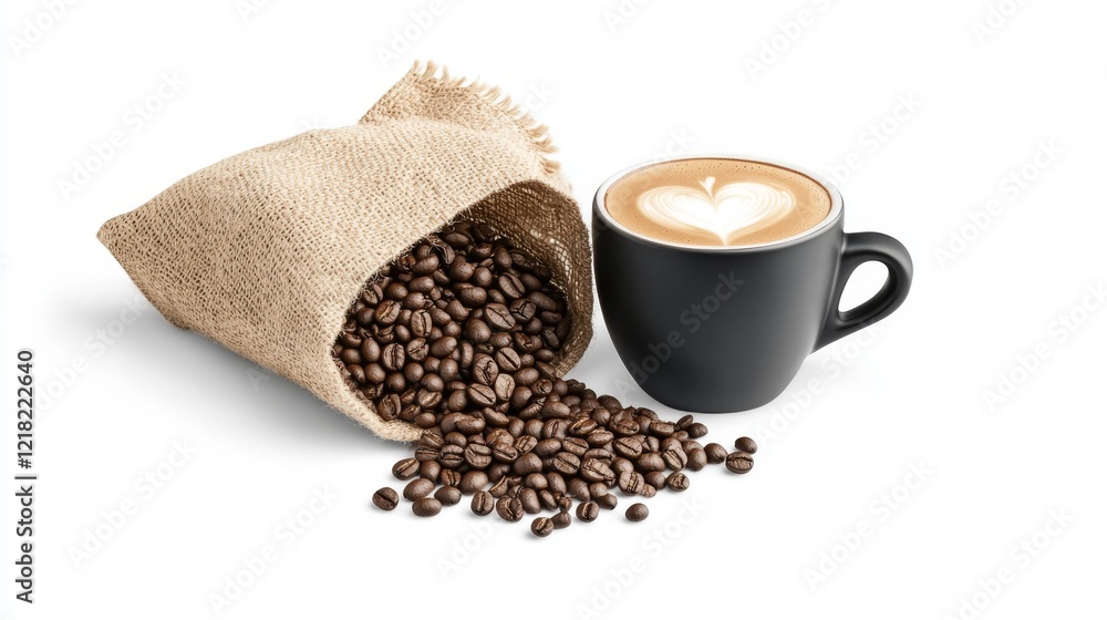 Fototapeta premium 105.A minimalist banner design with a centered mug of black coffee, its heart-shaped foam glowing warmly, next to a small heap of coffee beans cascading from an open burlap bag on a clean white