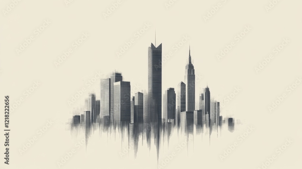 Naklejka premium Monochrome city skyline illustration, urban landscape sketch.