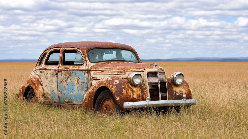 Fototapeta premium rusted old car abandoned in field surrounded by tall grass