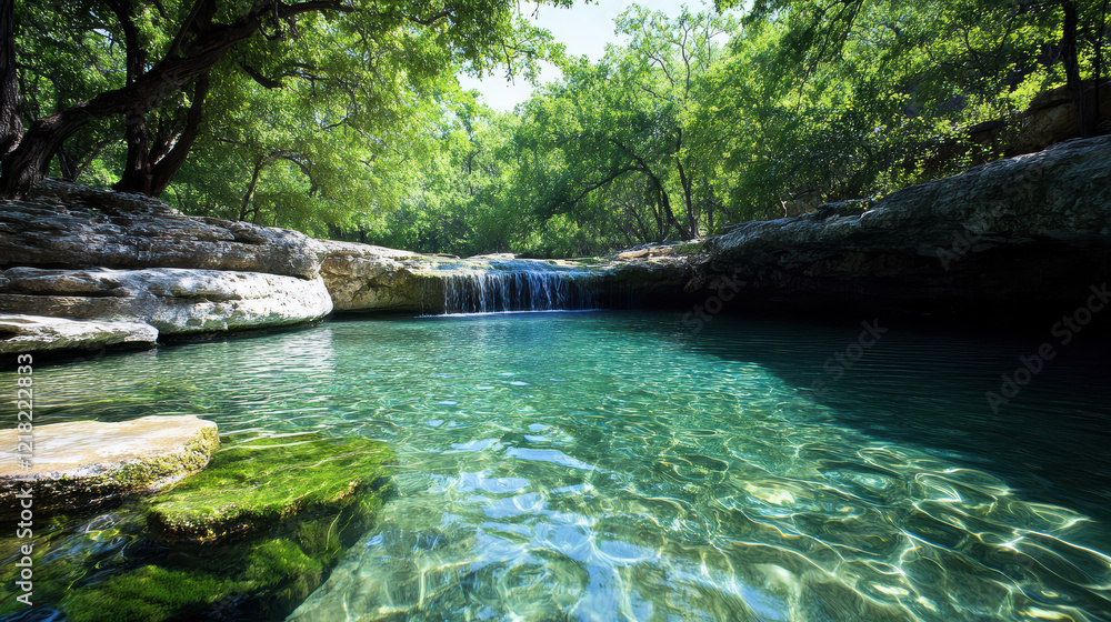 serene cove with crystal clear water and lush greenery surrounding it serene cove with crystal clear water and lush greenery surrounding it