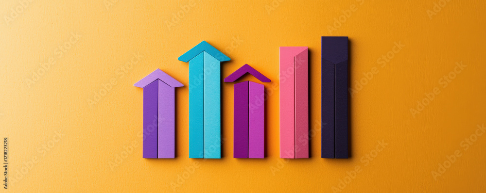 Obraz premium A vibrant graph displaying colorful upward arrows and bars against a bright orange background, symbolizing growth and progress.