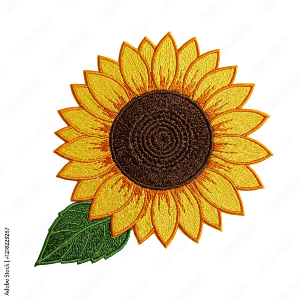 Fototapeta premium Embroidered Sunflower Patch Design Yellow Brown Floral Textile Art Warm Happy Craft Motif Image