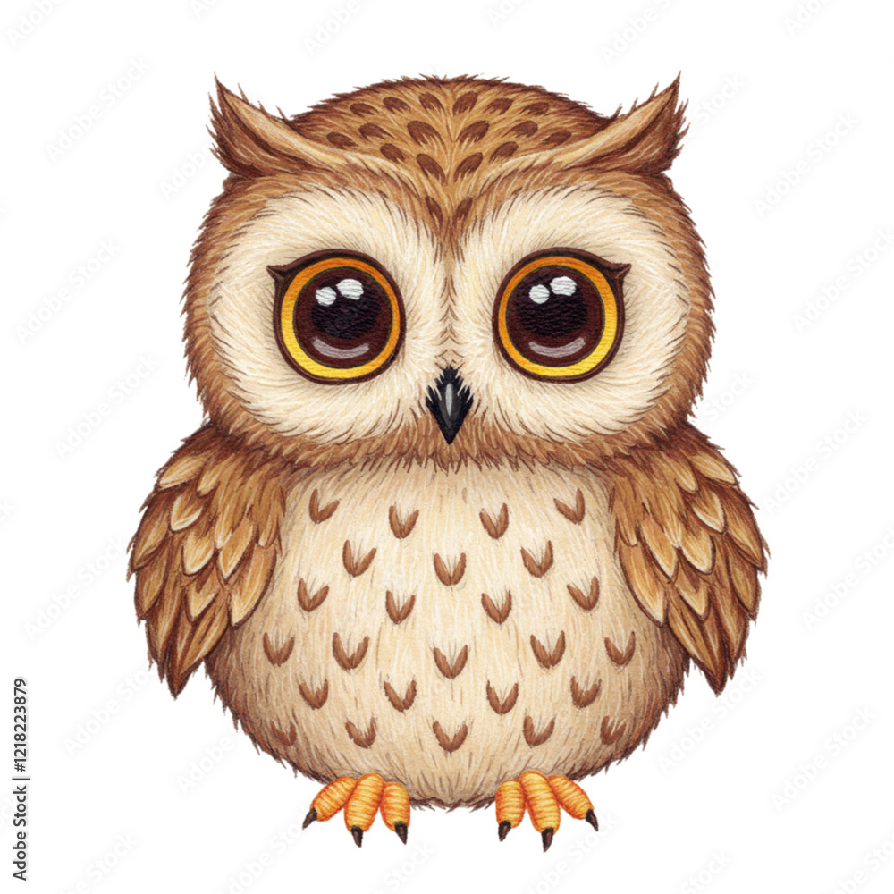 Naklejka premium Adorable Baby Owl Illustration Cute Brown Bird Animal art eyes image night sweet small young fauna 