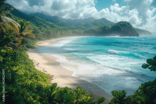 Breathtaking coastal view featuring lush greenery, turquoise waters, and soft sandy beach under a vibrant sky. Perfect for nature lovers and travel enthusiasts. photo