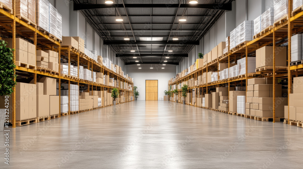 spacious warehouse with high ceilings, organized shelves, and boxes spacious warehouse with high ceilings, organized shelves, and boxes
