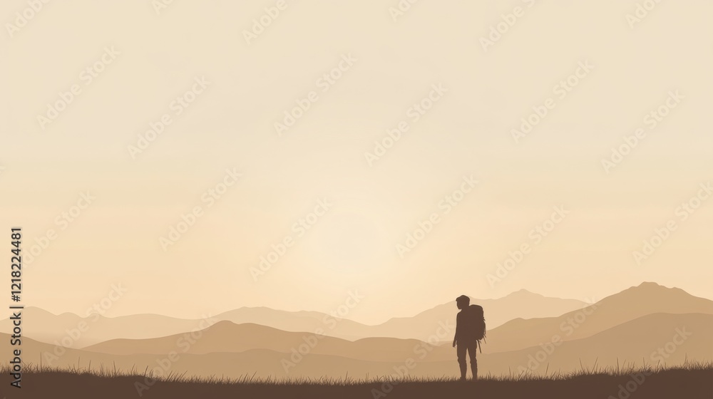 Silhouette of hiker admiring mountain range sunset. Silhouette of hiker admiring mountain range sunset.