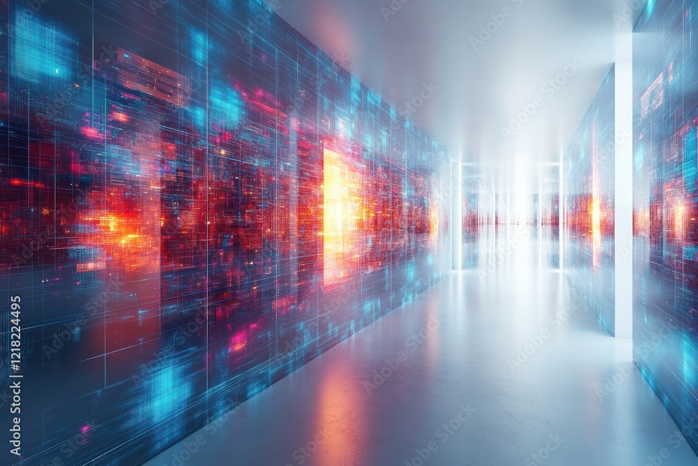 Futuristic digital corridor with vibrant data streams and glowing interfaces. A representation of advanced technology merging with modern architecture. Futuristic digital corridor with vibrant data streams and glowing interfaces. A representation of advanced technology merging with modern architecture.