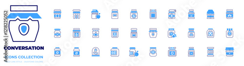 Conversation icon collection. Bold line style. Duotone colors. conserve, jam, cannedfood, strawberryjam, pickles, food, thanksgivingjam, applejam, jar, plant