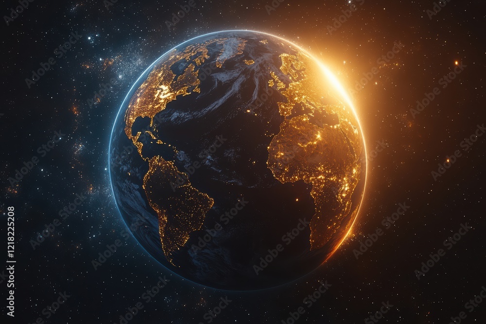 Obraz premium Stunning view of Earth from space, showcasing illuminated cities against a dark backdrop, representing the beauty and fragility of our planet at dawn.