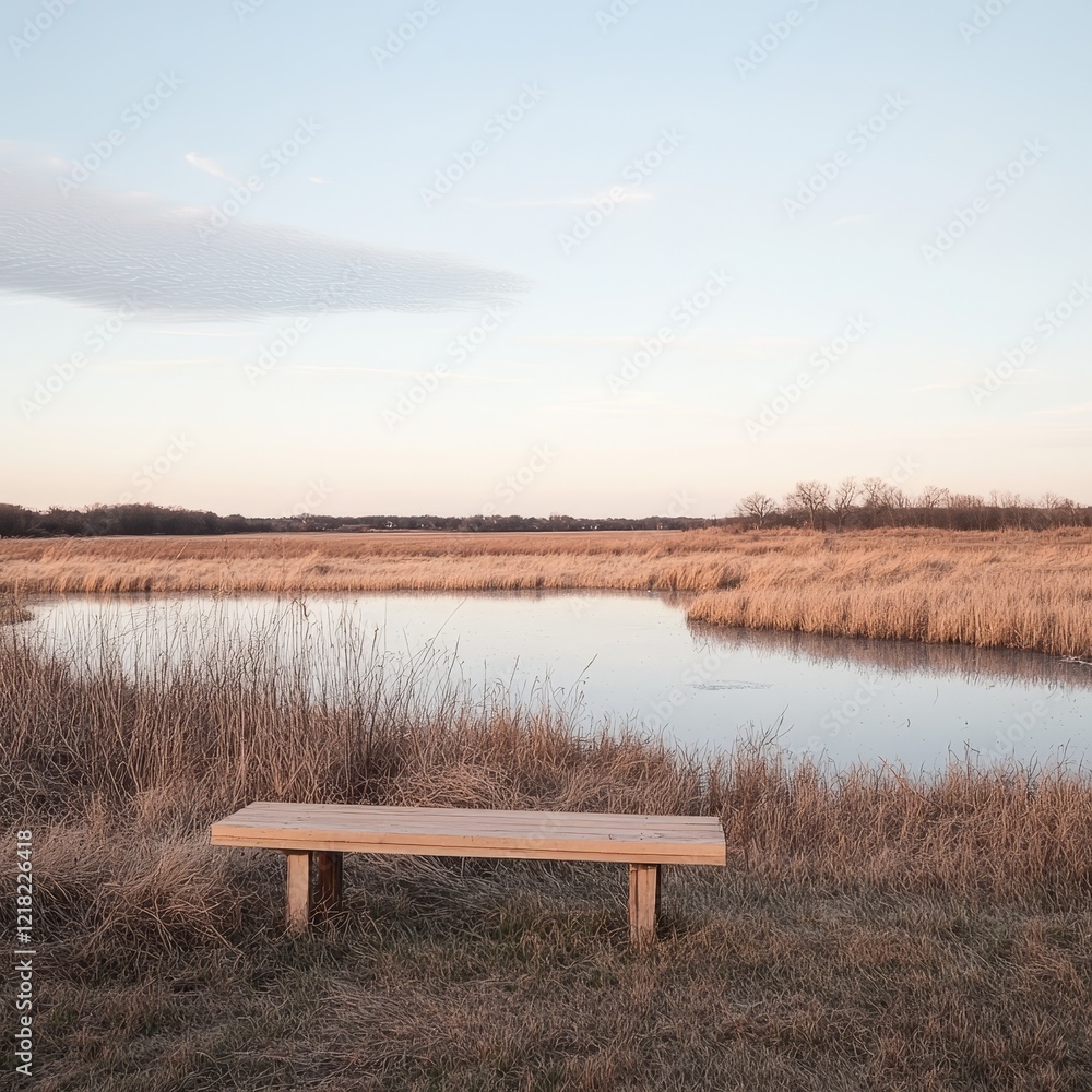 Obraz premium Tranquil Scenic View of a Wooden Bench by a Serene Grassland Lake at Dusk Under a Soft Sky with Gentle Clouds and Golden Sunrise Reflections