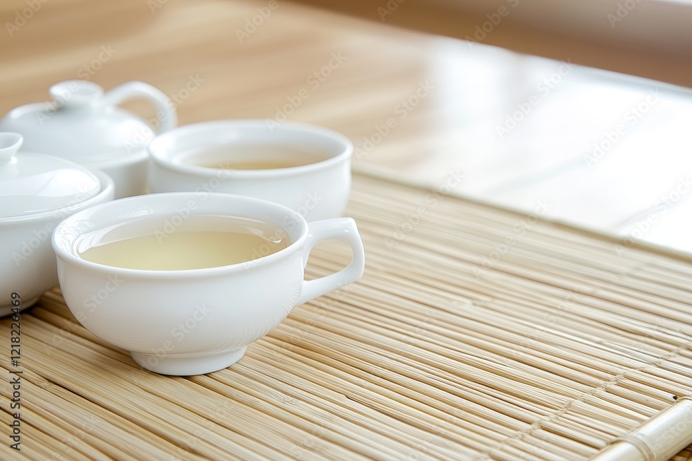 Fototapeta premium Tranquil Setting with White Tea Cups and Tea Pots on Bamboo Mat, Illustrating Relaxation and Mindfulness in a Serene Home Environment