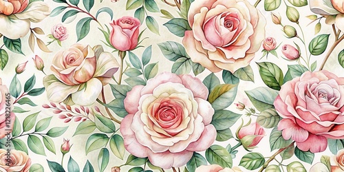 Wallpaper Mural Elegant Watercolor Roses Seamless Pattern A Delicate Floral Design Featuring Pink and Cream Roses with Lush Green Foliage Torontodigital.ca