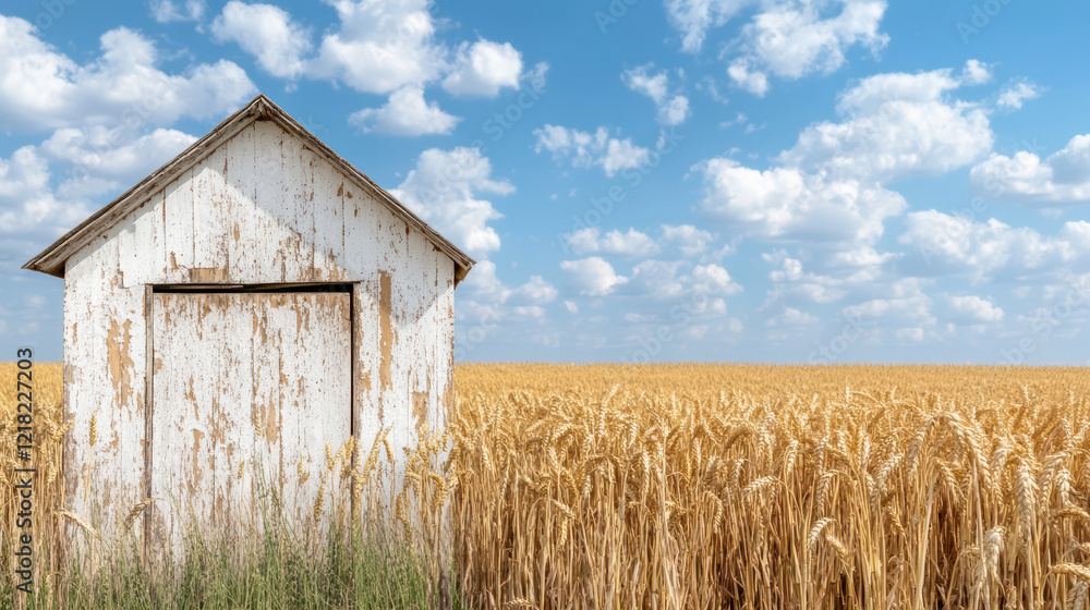 weathered barn stands beside golden wheat fields under blue sky weathered barn stands beside golden wheat fields under blue sky
