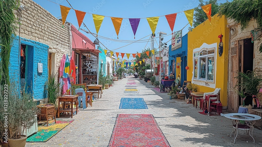 Fototapeta premium Vibrant village street adorned with colorful flags and carpets for a lively atmosphere