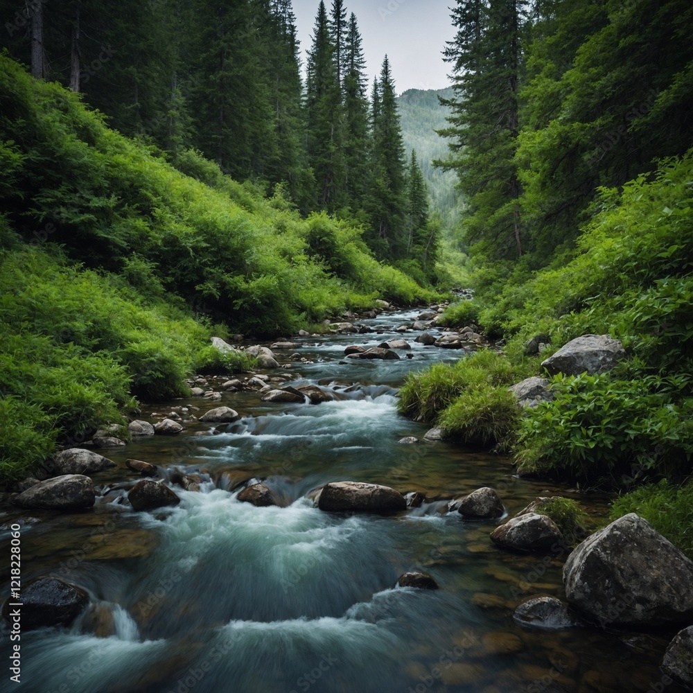 A mountain-fed stream surrounded by lush greenery. A mountain-fed stream surrounded by lush greenery.