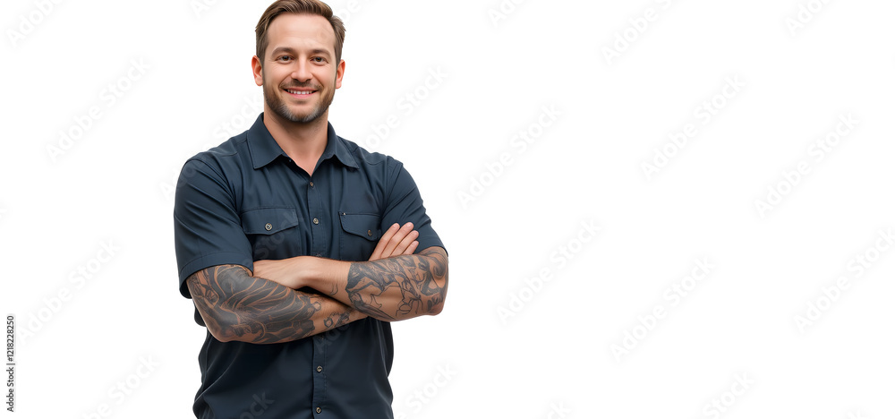 portrait of a smiling mechanic man standing on the left side with folded hands isolated on white background portrait of a smiling mechanic man standing on the left side with folded hands isolated on white background