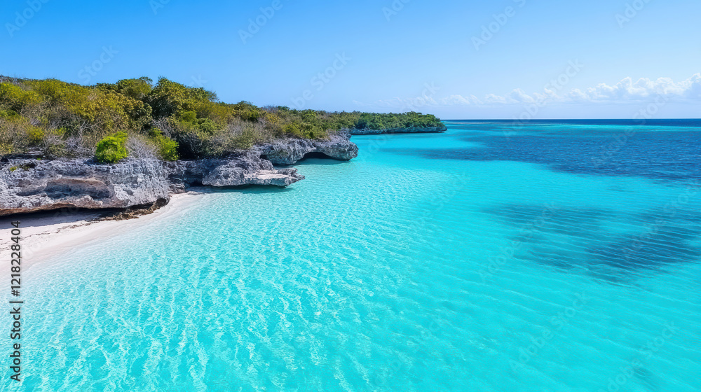 Fototapeta premium Aerial view of turquoise ocean with coral reefs and sandy beach
