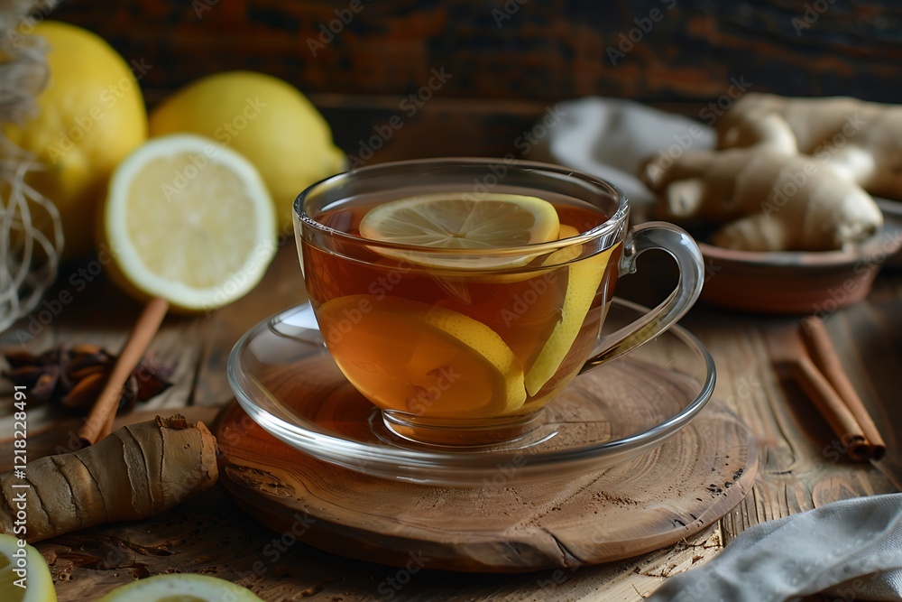Cup of tea with lemon and ginger on a wooden background Cup of tea with lemon and ginger on a wooden background