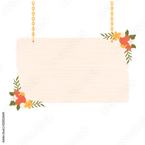 Hanging Sign Board with Flower Arrangement. Hanging Wooden Sign Illustration