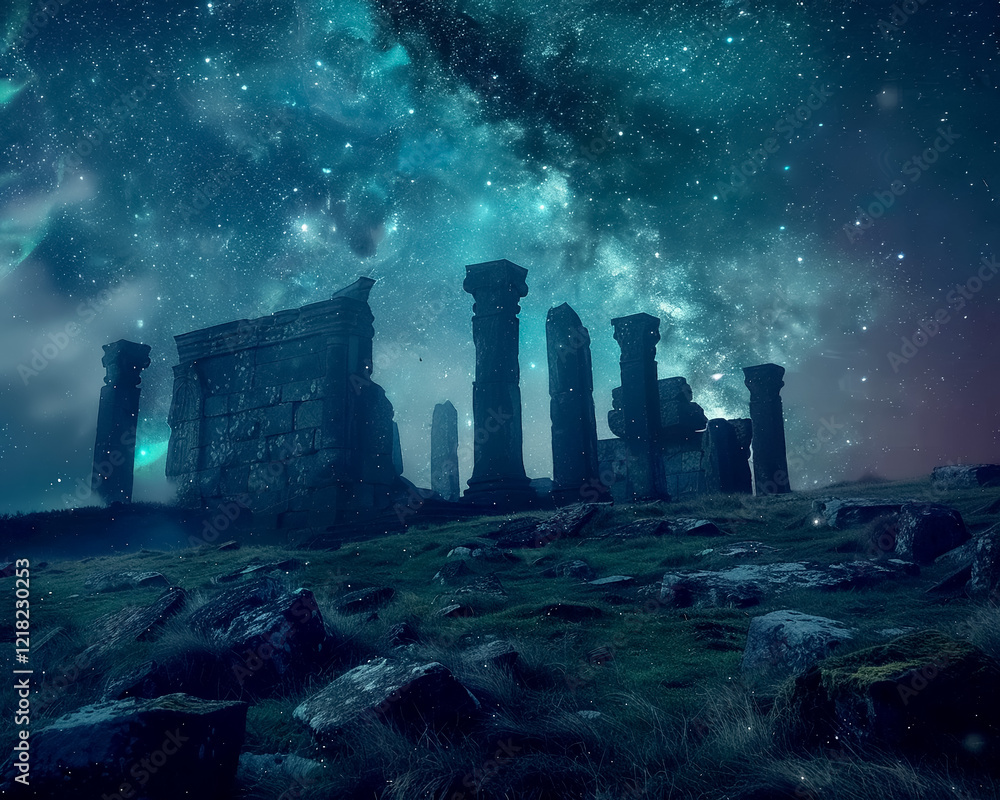 Ancient ruins under starry sky, evoking sense of mystery and wonder Ancient ruins under starry sky, evoking sense of mystery and wonder