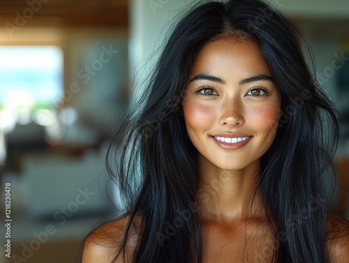 A smiling woman with long hair, showcasing a warm and inviting expression. Free Download A smiling woman with long hair, showcasing a warm and inviting expression. - GFXLoad