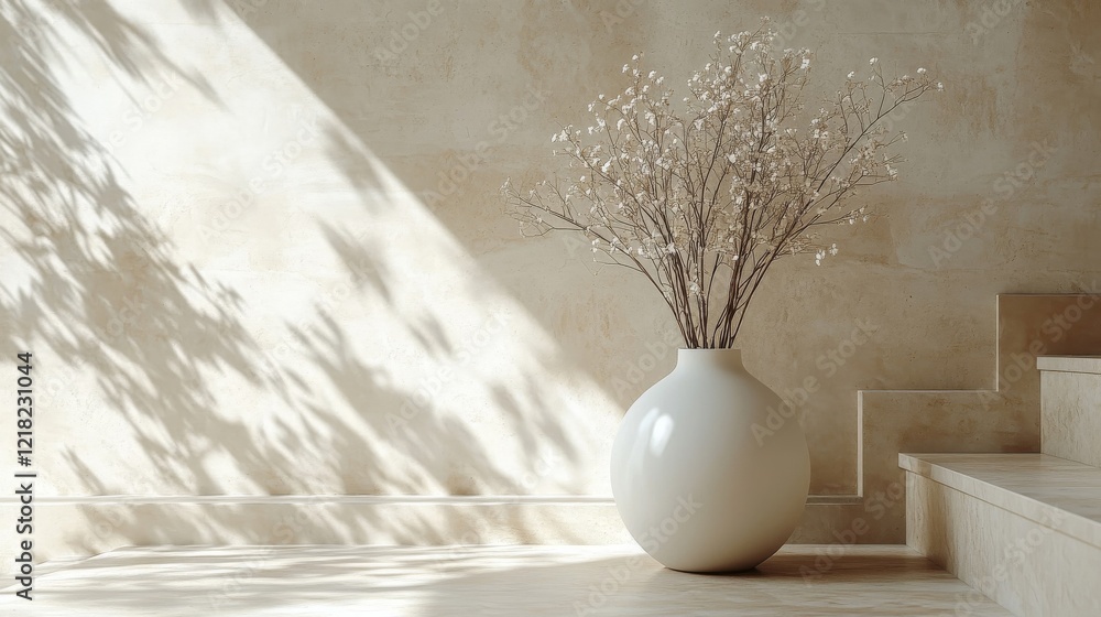 Serene Minimalist Interior Dried Flowers in White Vase. Serene Minimalist Interior Dried Flowers in White Vase.
