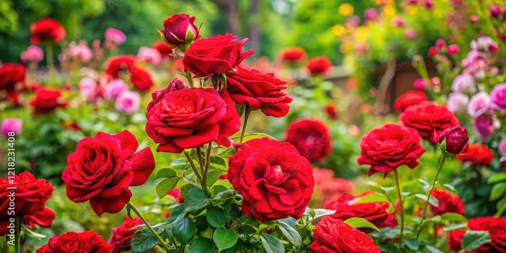 Vibrant red roses in full bloom amidst lush greenery and vibrant flowers in a beautiful garden setting Vibrant red roses in full bloom amidst lush greenery and vibrant flowers in a beautiful garden setting