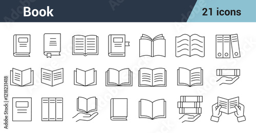 Book Line Editable Icons set. Includes  Education, seminar, online learning, webinar Literature, publishing house, library pictograms,  Reading festival, club logos. Writing and More.