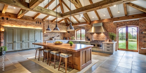 Rustic barn conversion with exposed brick and wooden beams, featuring a modern kitchen island and pendant lighting, exposed brick, modern kitchen