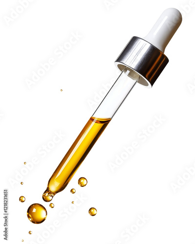 Glass dropper with golden oil, white isolate background.