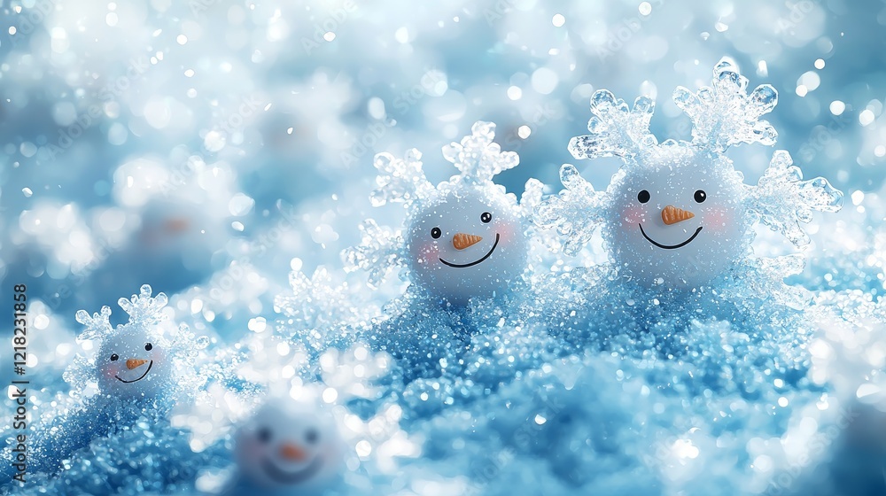 Obraz premium Joyful snowman family playing in winter wonderland captured close-up cheerful magical atmosphere
