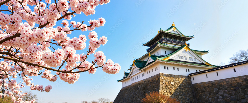 Fototapeta premium Cherry blossoms framing historic fortress in spring sunlight, nature's beauty