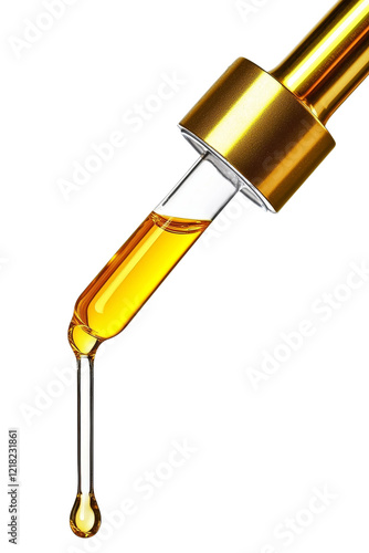 Dropper with gold liquid essential oil, white isolated background