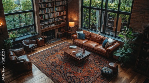 High-angle view of a luxurious living room with leather furniture, a large rug, and bookshelves.